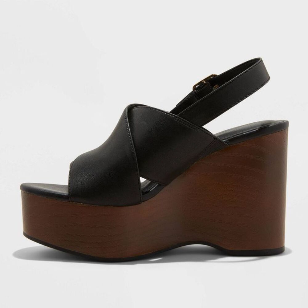 Open Box - Universal Thread - Women's Naomi Wood Wedge Heels with Mem Black - Picture 2 of 4